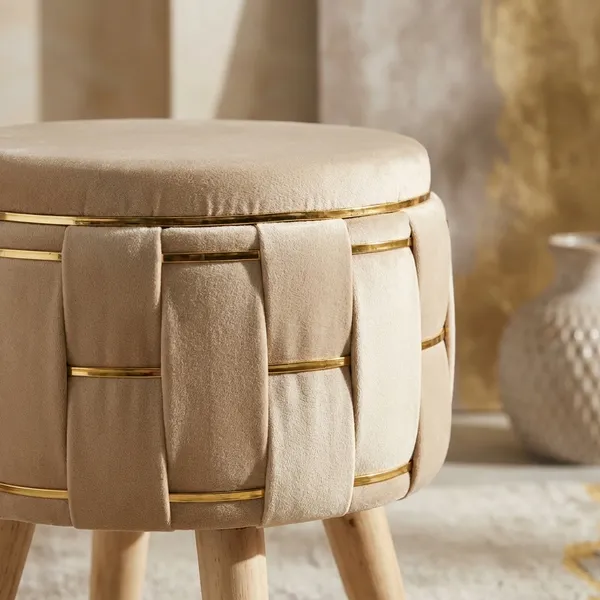 Cream_Velvet_Ottoman_Stool_�_Premium_Fabric_with_Golden_Fancy_Strip_&_Wooden_Legs_for_Lounge_&_Dressing_Room