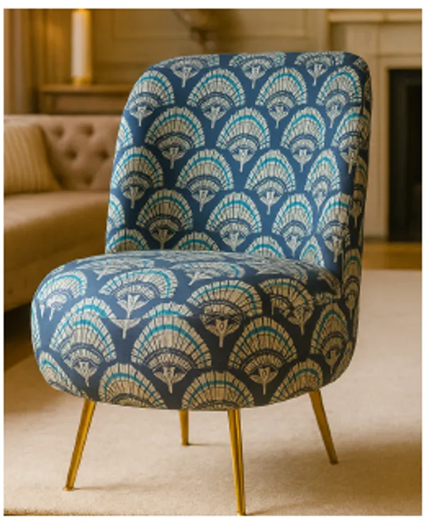 Blue_And_Beige_Floral_Velvet_Upholstered_Accent_Ottoman_Chair_With_Wooden_Legs