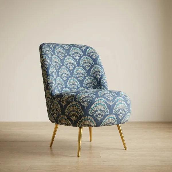 Blue_And_Beige_Floral_Velvet_Upholstered_Accent_Ottoman_Chair_With_Wooden_Legs