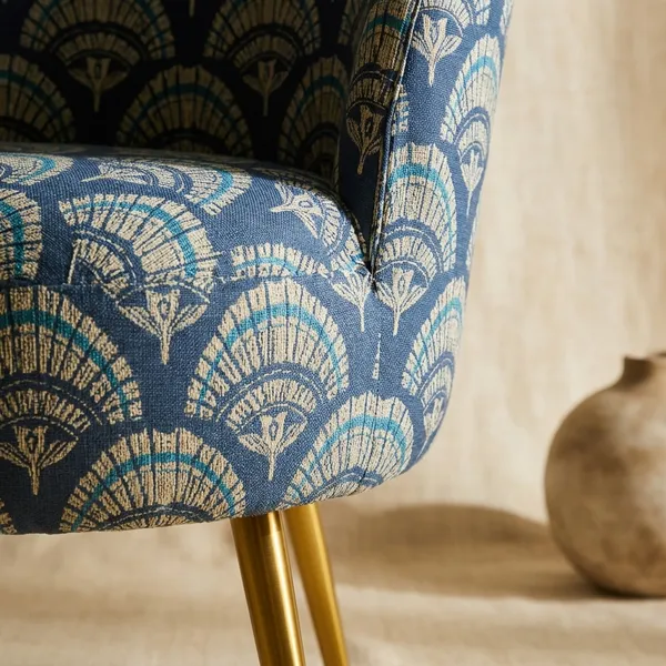 Blue_And_Beige_Floral_Velvet_Upholstered_Accent_Ottoman_Chair_With_Wooden_Legs