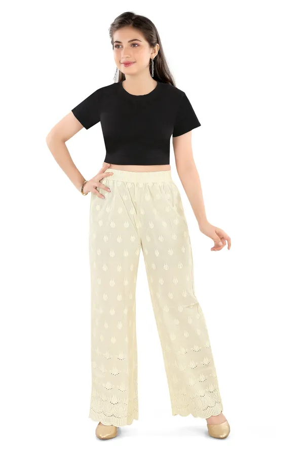 Off_White_Chikankari_Embroidery_Cotton_Palazzo_Pants_For_Women