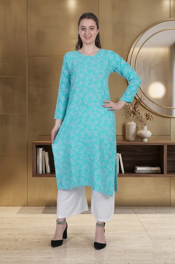 Turquoise_Blue_Floral_Print_Cotton_Kurti_For_Women