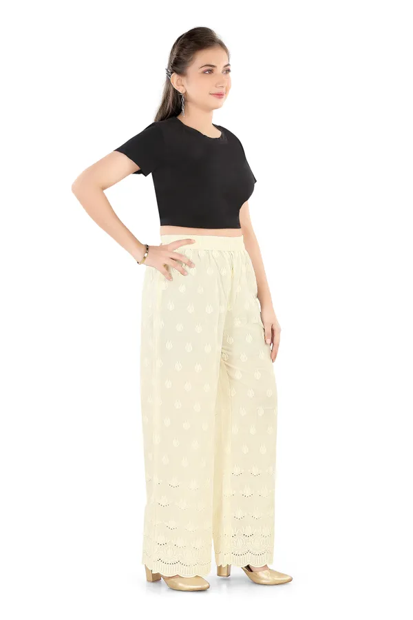 Off_White_Chikankari_Embroidery_Cotton_Palazzo_Pants_For_Women