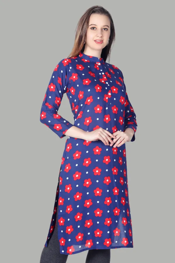 Navy_Blue_Floral_Print_Cotton_Kurti_For_Women
