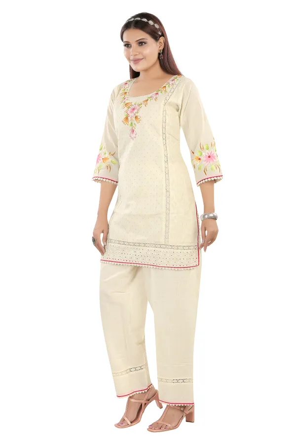 Off_White_Embroidered_Cotton_Kurta_Pajama_Set_For_Women