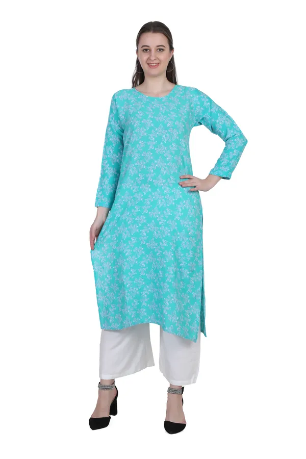 Turquoise_Blue_Floral_Print_Cotton_Kurti_For_Women