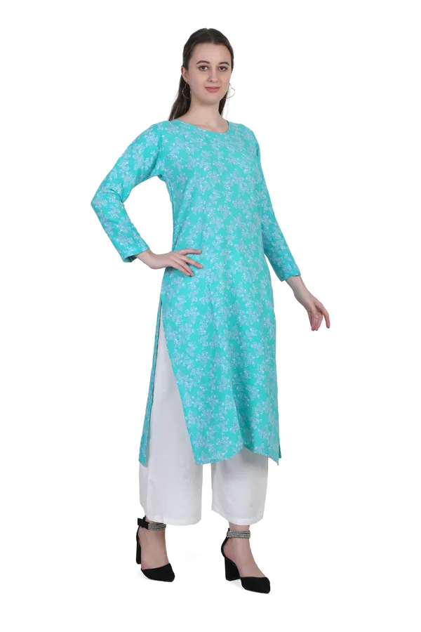 Turquoise_Blue_Floral_Print_Cotton_Kurti_For_Women