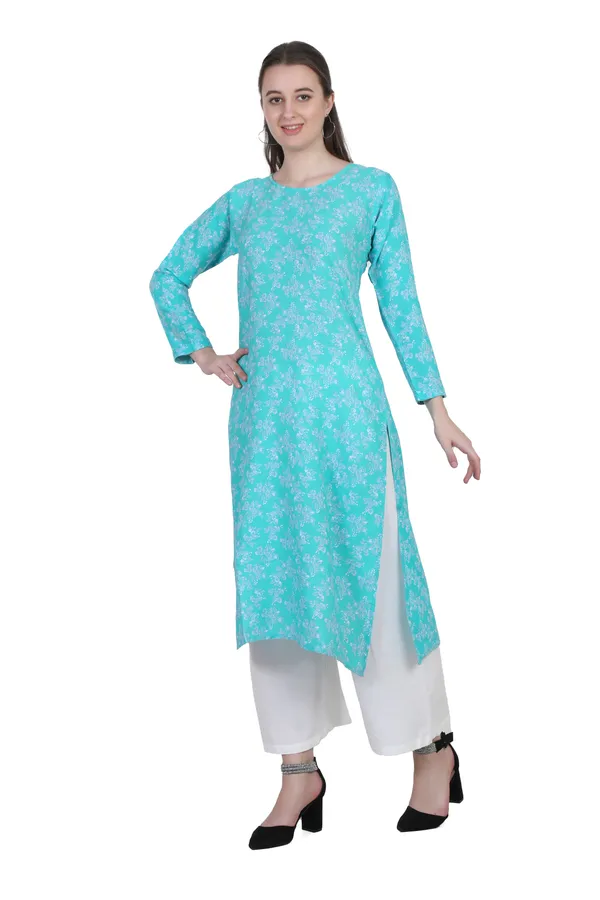 Turquoise_Blue_Floral_Print_Cotton_Kurti_For_Women