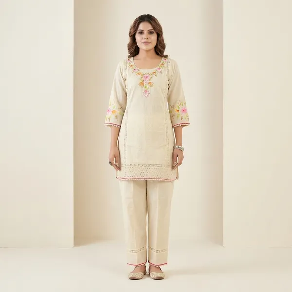 Off_White_Embroidered_Cotton_Kurta_Pajama_Set_For_Women