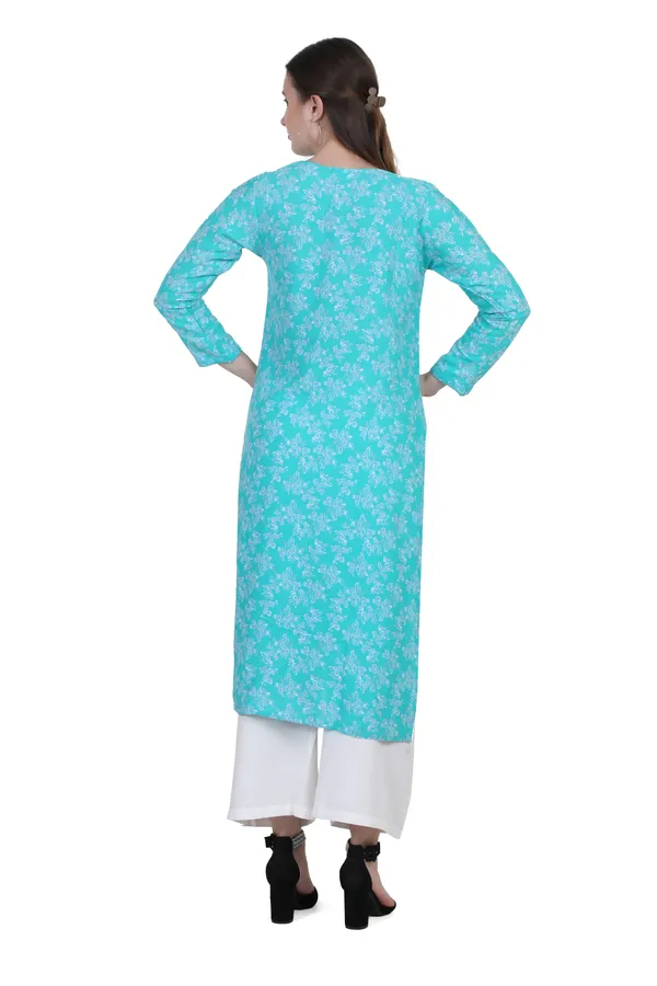 Turquoise_Blue_Floral_Print_Cotton_Kurti_For_Women