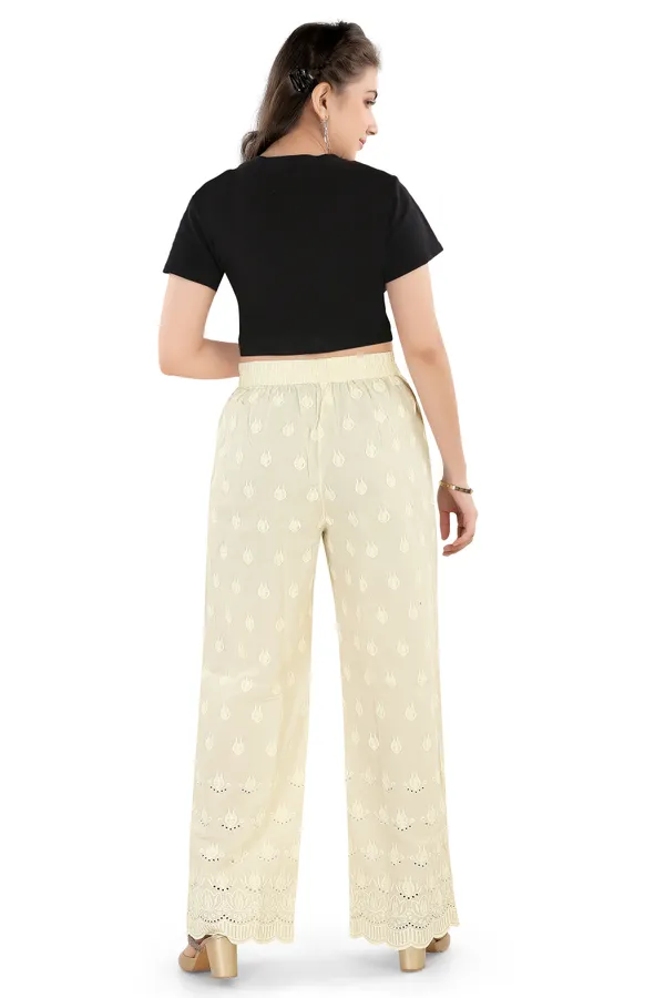 Off_White_Chikankari_Embroidery_Cotton_Palazzo_Pants_For_Women