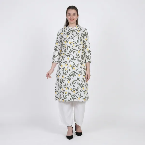 White_And_Yellow_Printed_Cotton_Kurta_Palazzo_Set_For_Women