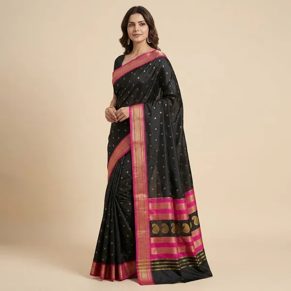 Jet_Black_With_Pink_Border_Soft_Silk_Sutram_Narayanpeth_Paithani_Saree_For_Women