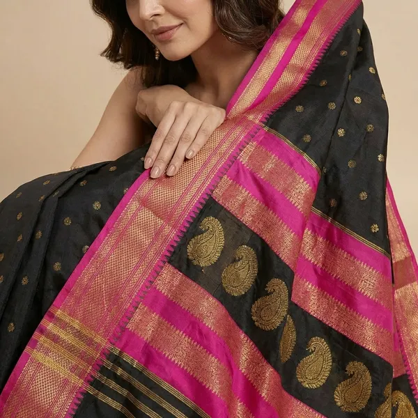 Jet_Black_With_Pink_Border_Soft_Silk_Sutram_Narayanpeth_Paithani_Saree_For_Women