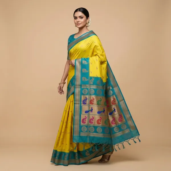 Yellow_Soft_Silk_Aryahi_Kadiyal_Paithani_Saree_For_Women