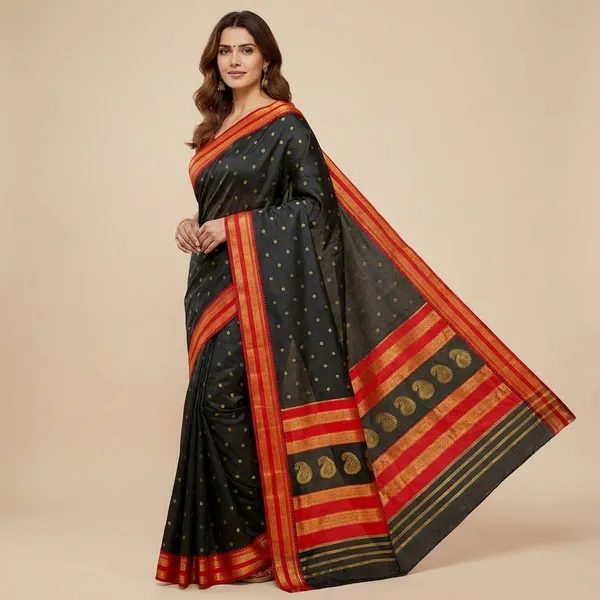 Jet_Black_With_Red_Border_Soft_Silk_Sutram_Narayanpeth_Paithani_Saree_For_Women