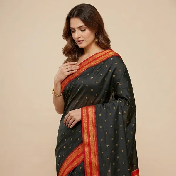 Jet_Black_With_Red_Border_Soft_Silk_Sutram_Narayanpeth_Paithani_Saree_For_Women