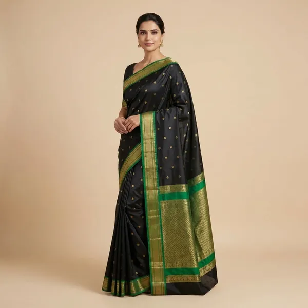 Jet_Black_With_Green_Border_Soft_Silk_Sutram_Narayanpeth_Paithani_Saree_For_Women