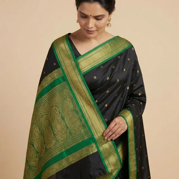 Jet_Black_With_Green_Border_Soft_Silk_Sutram_Narayanpeth_Paithani_Saree_For_Women