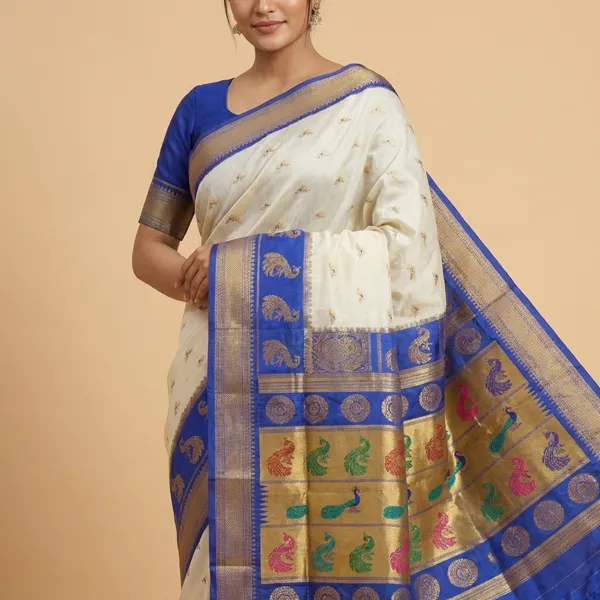 Ivory_Cream_Soft_Silk_Aryahi_Kadiyal_Paithani_Saree_For_Women