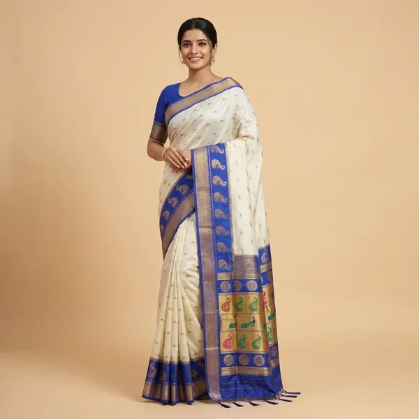 Ivory_Cream_Soft_Silk_Aryahi_Kadiyal_Paithani_Saree_For_Women