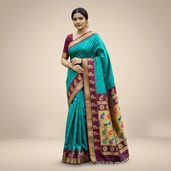 Peacock_Teal_Soft_Silk_Aryahi_Kadiyal_Paithani_Saree_For_Women