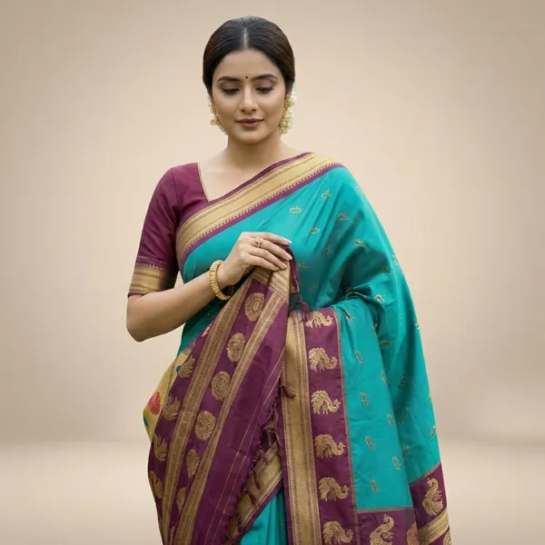 Peacock_Teal_Soft_Silk_Aryahi_Kadiyal_Paithani_Saree_For_Women