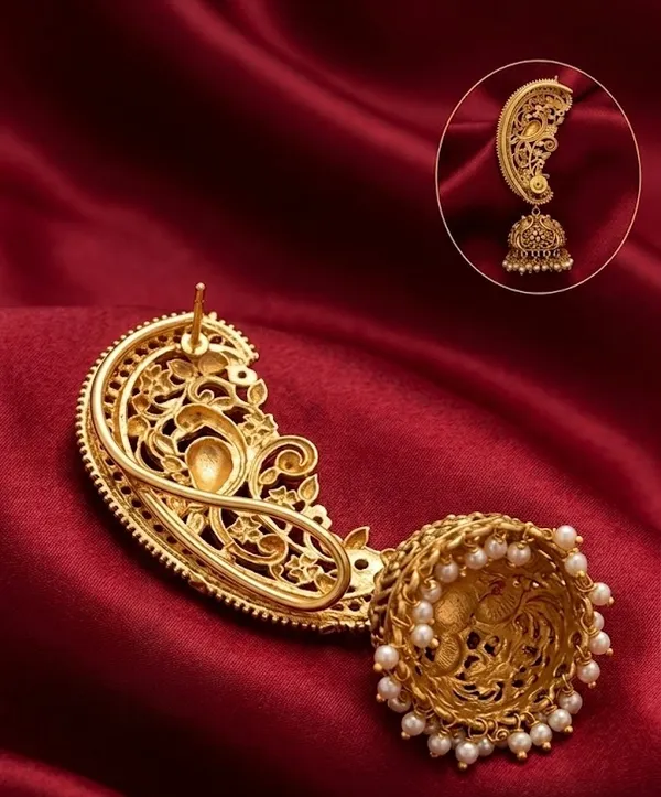 Antique_Gold_Plated_Peacock_Design_Jhumka_Earrings_With_Green_&_Ruby_Stones