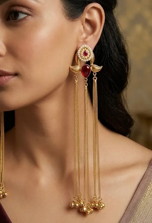 Elegant_Gold-Toned_Tassel_Earrings_With_Ruby_Red_Stones_And_Pearl_Accents