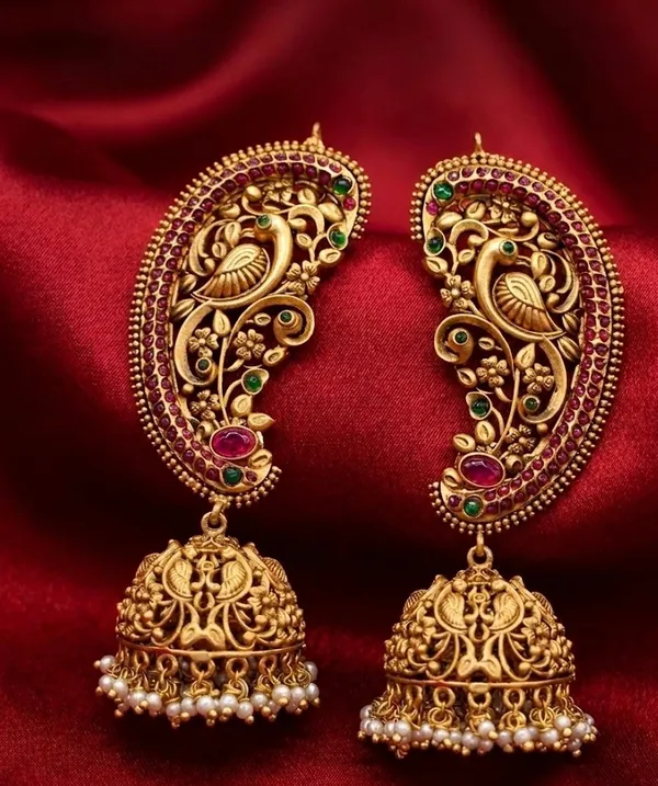Antique_Gold_Plated_Peacock_Design_Jhumka_Earrings_With_Green_&_Ruby_Stones