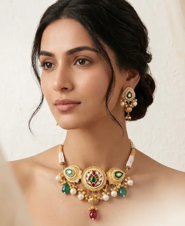 Traditional_Gold-Toned_Kundan_Necklace_Set_With_Green_And_Red_Stones