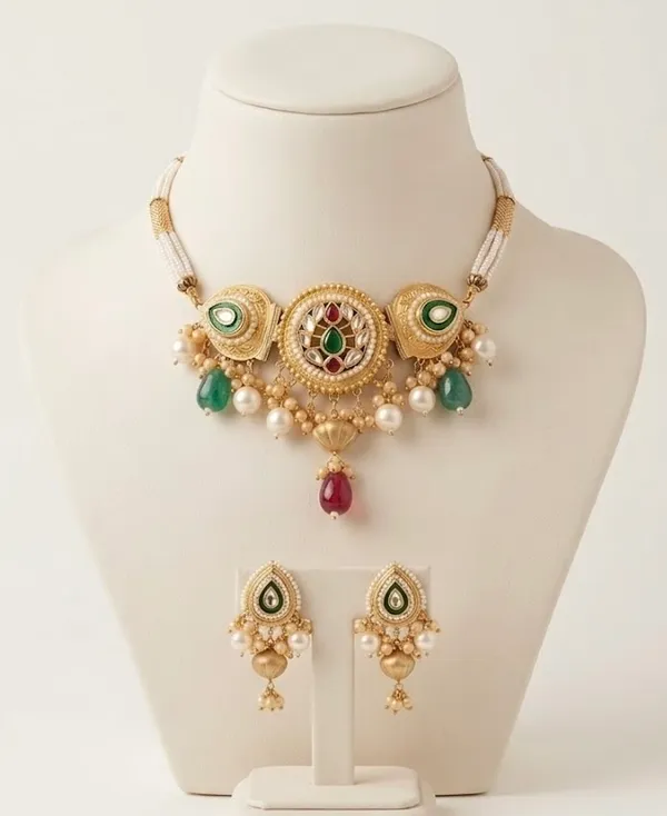 Traditional_Gold-Toned_Kundan_Necklace_Set_With_Green_And_Red_Stones