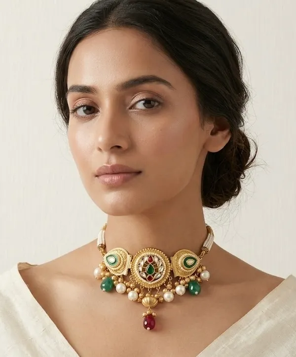Traditional_Gold-Toned_Kundan_Necklace_Set_With_Green_And_Red_Stones