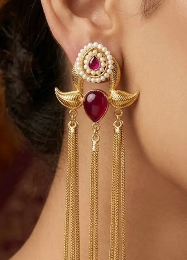 Elegant_Gold-Toned_Tassel_Earrings_With_Ruby_Red_Stones_And_Pearl_Accents