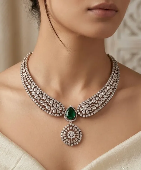 Emerald_Green_Stone_Teardrop_Necklace_Set_With_Circular_Diamond_Pendant_And_Matching_Earrings
