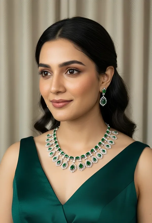 Emerald_Green_Teardrop_Necklace_And_Earring_Set_With_Crystal_Halo
