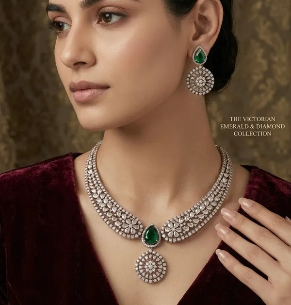 Emerald_Green_Stone_Teardrop_Necklace_Set_With_Circular_Diamond_Pendant_And_Matching_Earrings