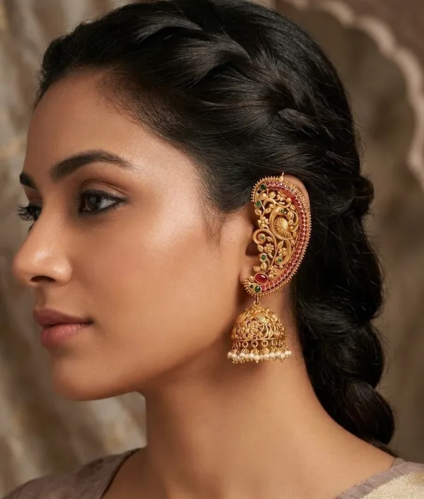 Antique_Gold_Plated_Peacock_Design_Jhumka_Earrings_With_Green_&_Ruby_Stones