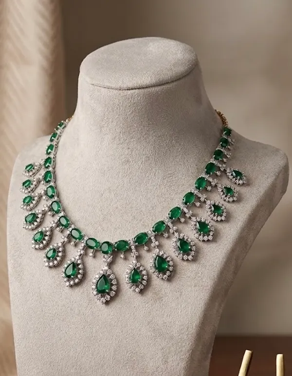 Emerald_Green_Teardrop_Necklace_And_Earring_Set_With_Crystal_Halo