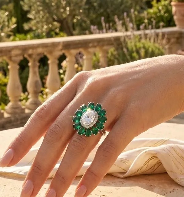 Emerald_And_Diamond_Floral_Halo_Cocktail_Ring