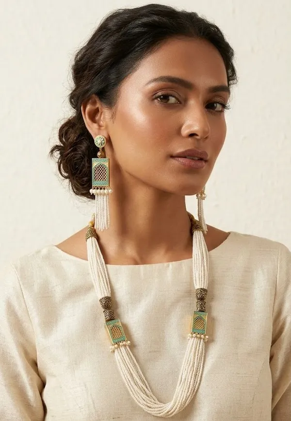 Green_Meenakari_Pearl_Tassel_Earrings_And_Necklace_Set