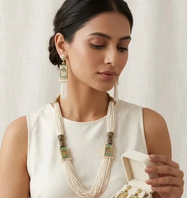 Green_Meenakari_Pearl_Tassel_Earrings_And_Necklace_Set