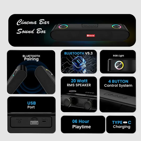 United_Gold_Cinema_Bar_UGSP50_Wireless_Sounbar,_20W_Powerful_Sound_Output,_Multiple_Connectivity_Modes,_06Hrs_Playtime,_Built_In_Mobile_Holder,_Bluetooth_Sound_Bar_Speaker