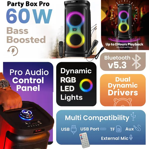 United_Party_Box_Pro_60W_Bluetooth_Party_Speaker_with_Dual_Woofers,_Dynamic_RGB_LED_Flame_Lights,_Up_to_6-Hour_Battery_Life,_Includes_Wireless_Karaoke_Mic_and_Remote_Control,_High_Bass_Sound_with_60W_Power