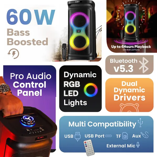 United_Party_Box__60W_Bluetooth_Party_Speaker_with_Dual_Woofers,_Dynamic_RGB_LED_Flame_Lights,_Up_to_4-Hour_Battery_Life,_Includes_Wireless_Karaoke_Mic_and_Remote_Control,_High_Bass_Sound_with_60W_Power