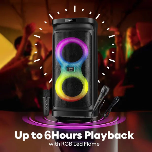 United_Party_Box_Pro_60W_Bluetooth_Party_Speaker_with_Dual_Woofers,_Dynamic_RGB_LED_Flame_Lights,_Up_to_6-Hour_Battery_Life,_Includes_Wireless_Karaoke_Mic_and_Remote_Control,_High_Bass_Sound_with_60W_Power