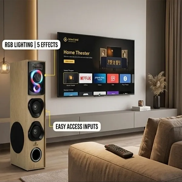 United_Gold_50W_Wireless_Tower_Speaker_–_Premium_Wood_Finish_Multimedia_Floor_Standing_Home_Theater_System_with_5.25"_Woofer_&_Dynamic_RGB_Lighting_Effects