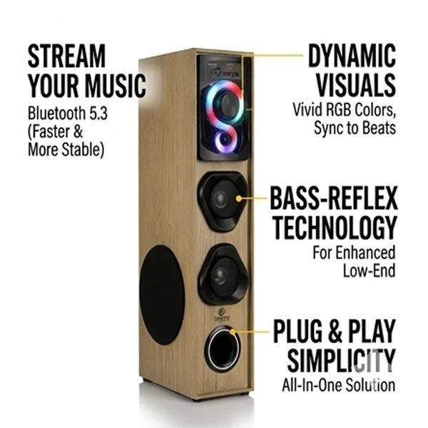 United_Gold_50W_Wireless_Tower_Speaker_–_Premium_Wood_Finish_Multimedia_Floor_Standing_Home_Theater_System_with_5.25"_Woofer_&_Dynamic_RGB_Lighting_Effects