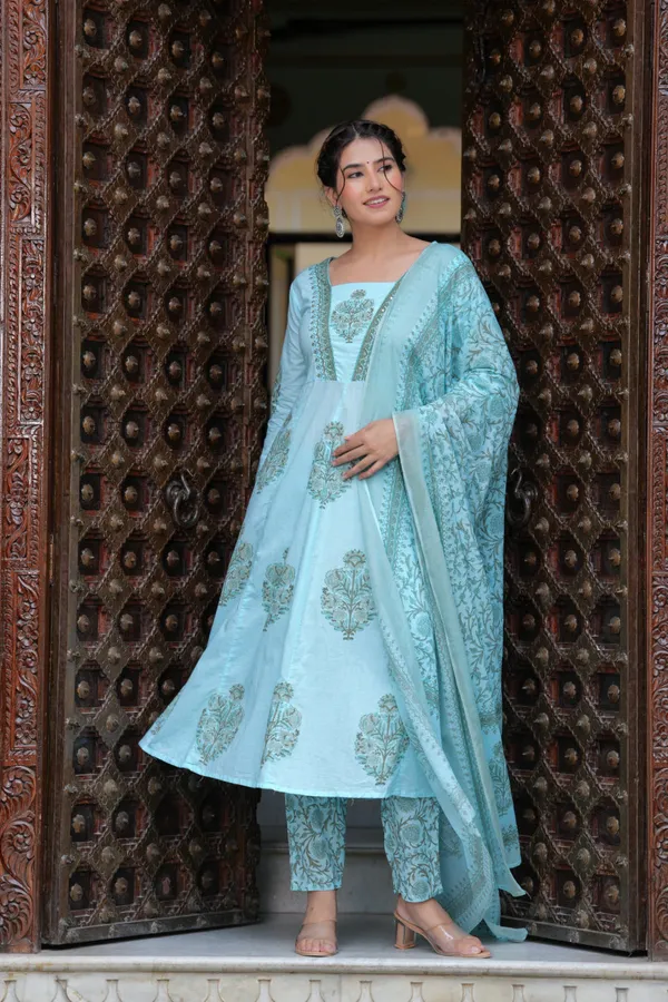 Blue_Cotton_Block_Printed_Straight_Suit_With_Embroidered_Neck_Detailing_For_Women_For_Women