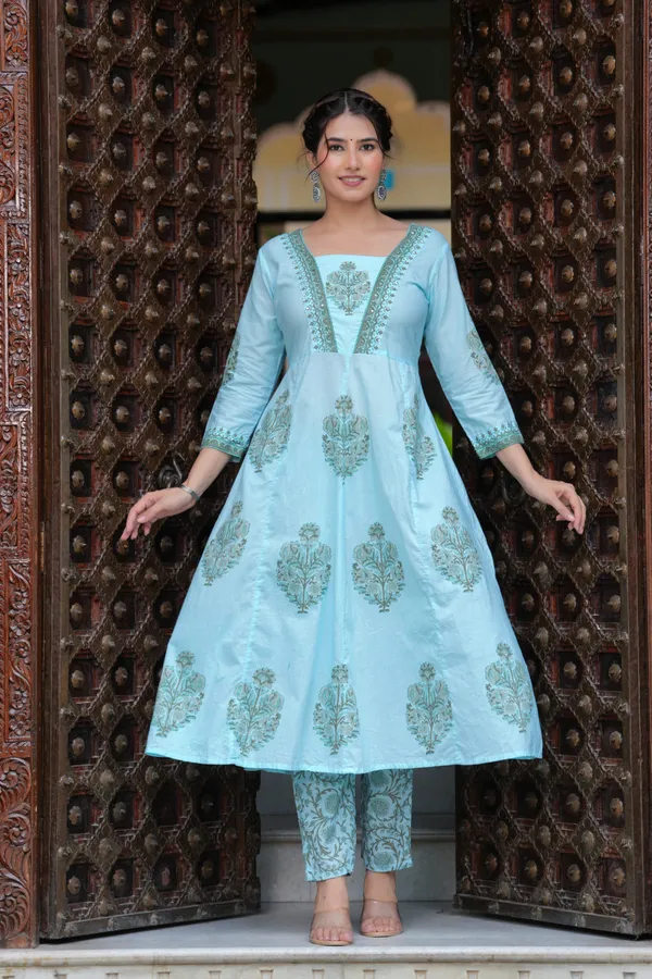 Blue_Cotton_Block_Printed_Straight_Suit_With_Embroidered_Neck_Detailing_For_Women_For_Women